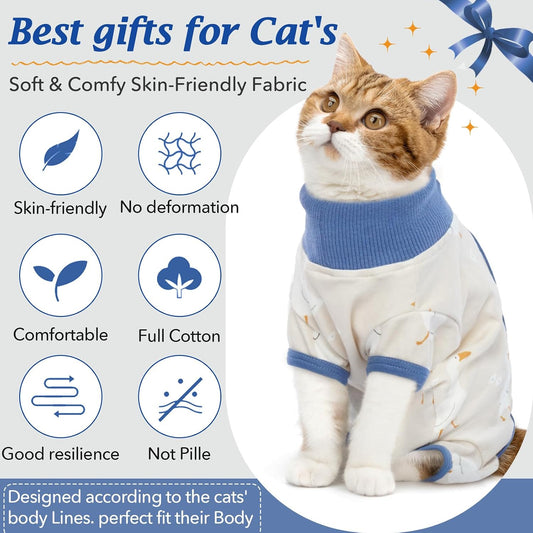 Cat wearing Dentrun soft cotton surgical onesie side profile