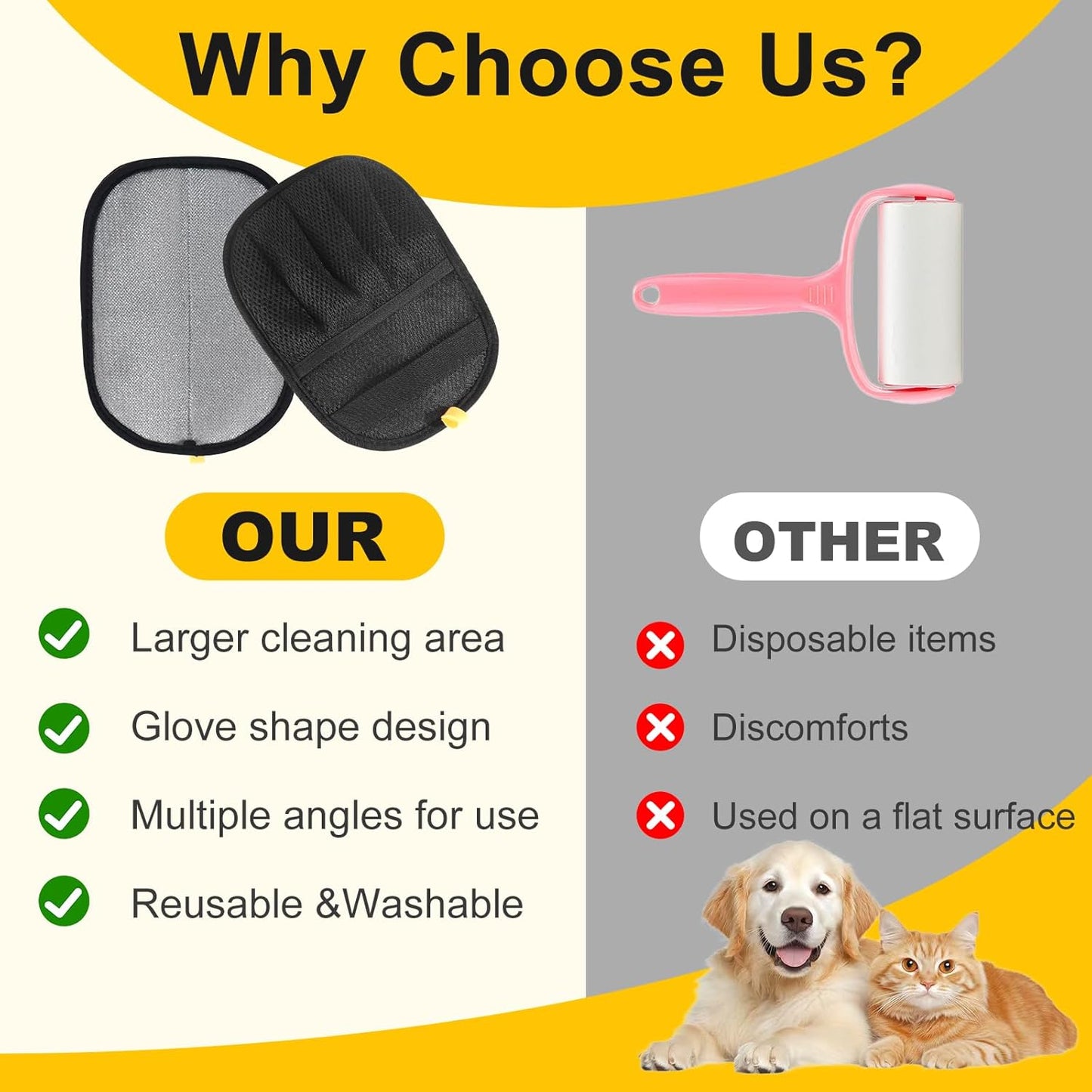 Set of two pet fur remover gloves on fabric