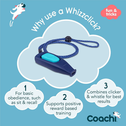 Coachi Whizzclick navy blue dog recall whistle with adjustable lanyard