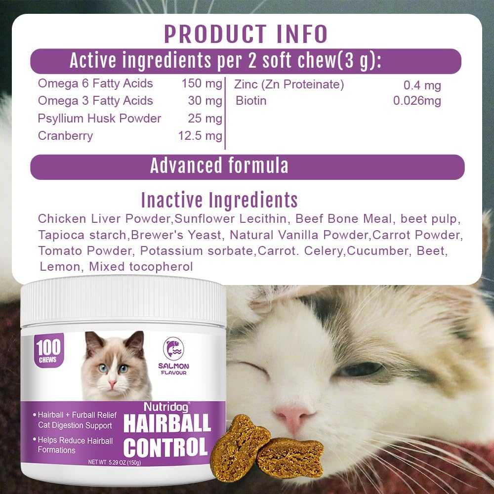 Hairball Treats for Cats - Hairball Remedy Chews with Omega 3&6, Psyllium Husk, Zinc & Biotin - Salmon Flavor for Hairball Control, Digestive Health & Skin Support, 100ct - Image 9