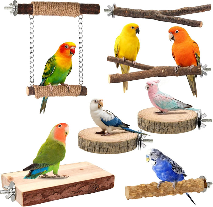 7-Piece Bird Perches for Cage- Wooden Parrot Stand with Fork Toys, Hanging Multi-Branch Platform, Hammock Swing, Gym Playstand & Chewing Toys - for Parakeets, Budgies, Lovebirds - Durable - Image 1