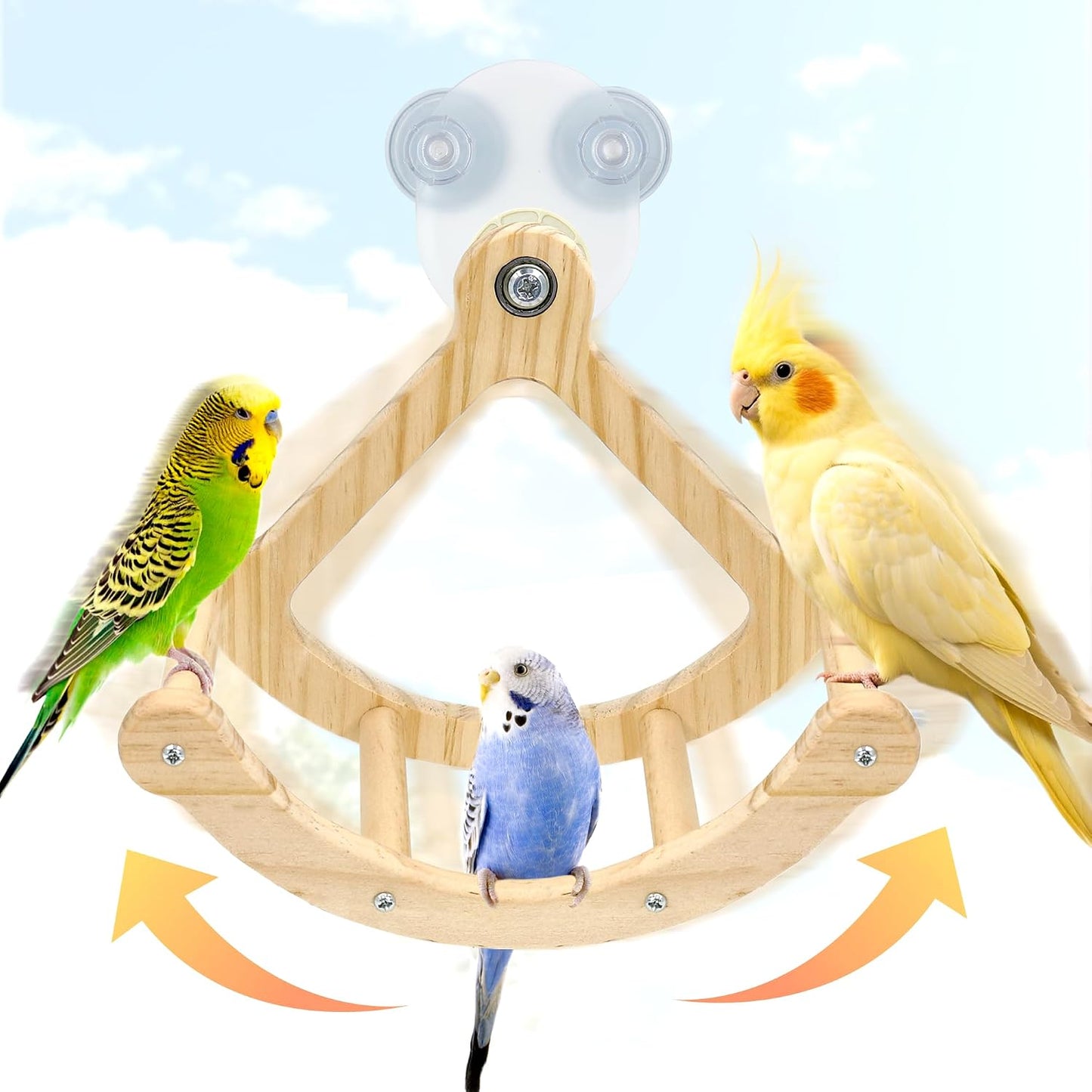 Jevnd kiln dried natural wood bird gym swing demonstrating the gentle swaying movement