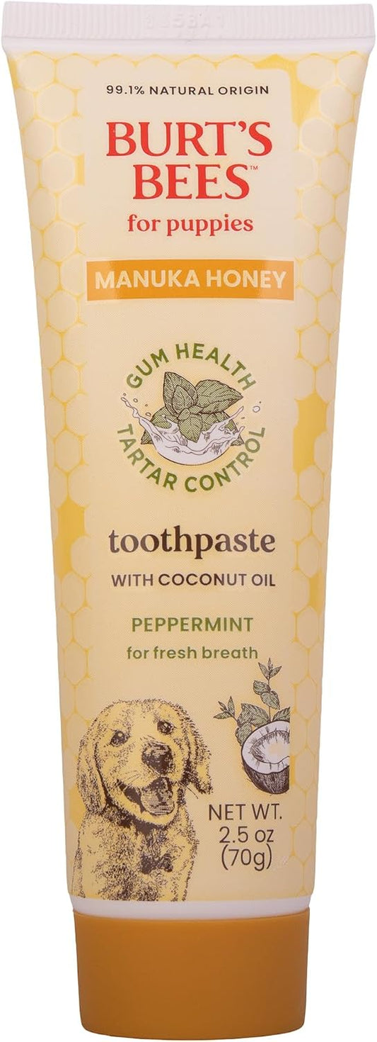 Natural puppy toothpaste with Manuka honey and coconut oil for dog dental care