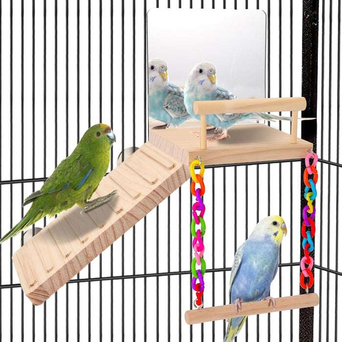 KyoukiBird Perch Platform Bird Toys with Bird Mirror Climbing Ladder Swing, Parakeet Cage Accessories - for Cockatiels, Lovebirds, Budgies,Pacific Parrotlets,Finch,Canaries - Wooden Play Gym - Image 1