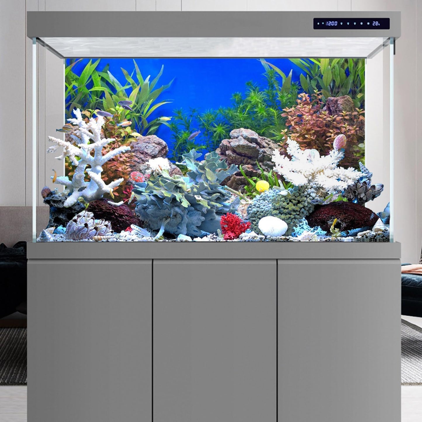 Authentic imported aquarium background installed on a large glass fish tank