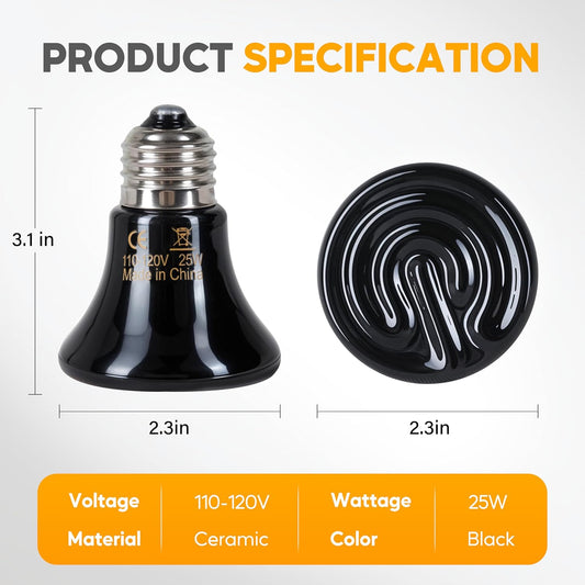 Black 25 watt ceramic heat emitter bulb showing standard screw base.