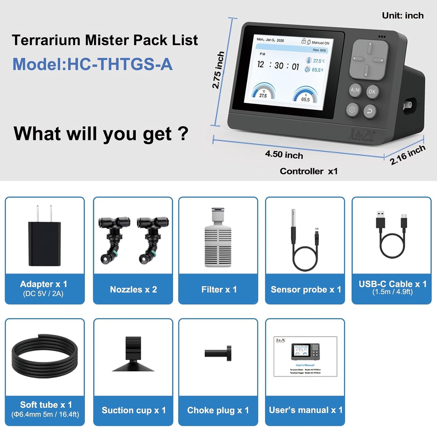 J&A Automatic Reptile Mister Temp Humidity Controller Terrarium Grey Black | New-Gen Misting System with Thermo-Hygrometer, Adjustable Spray Nozzles for Lizards, Chameleons & Snakes Tanks - Image 9