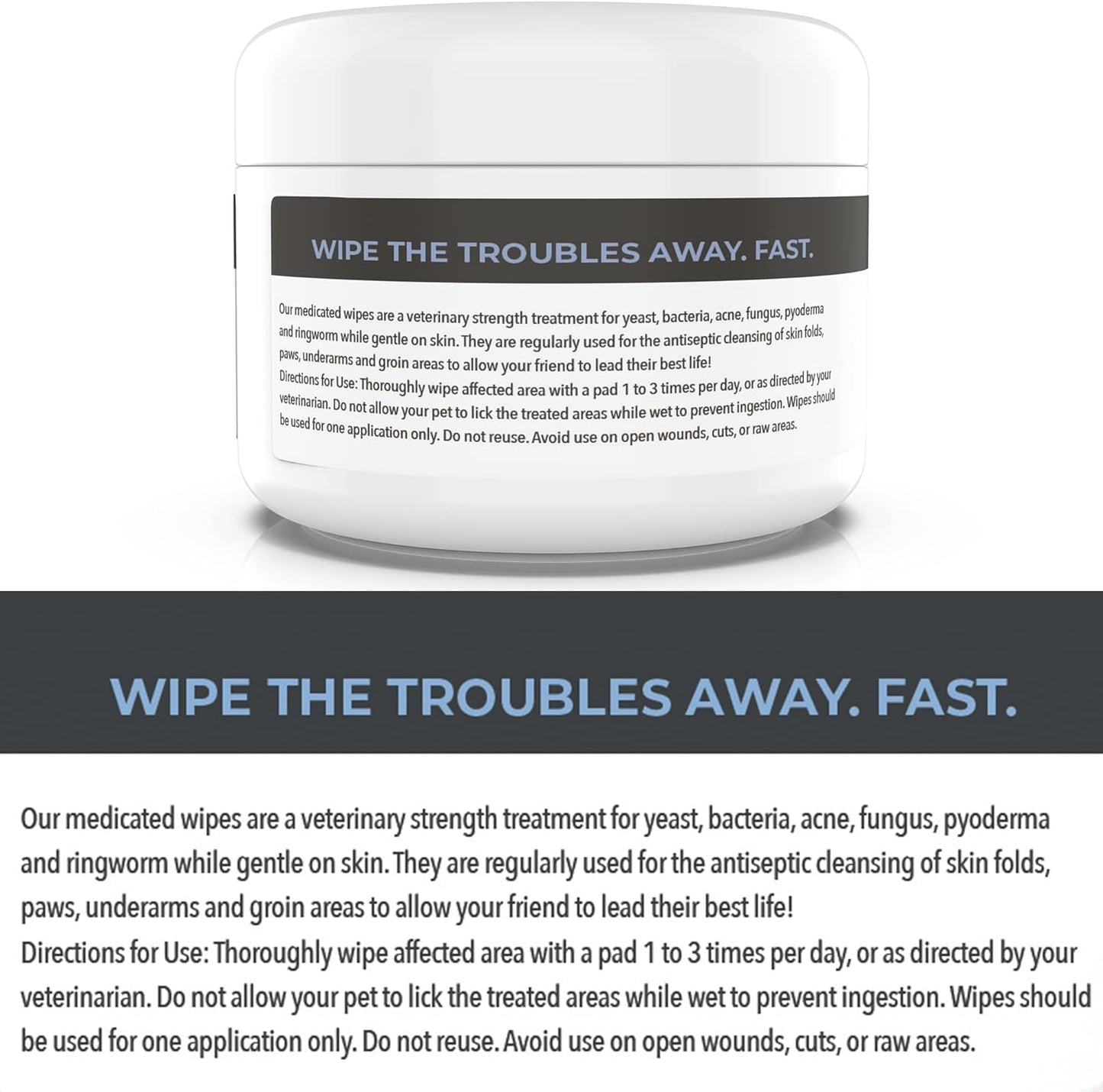 Smiling Paws Pets antifungal wipes packaging graphic displaying yeast infection relief benefits.