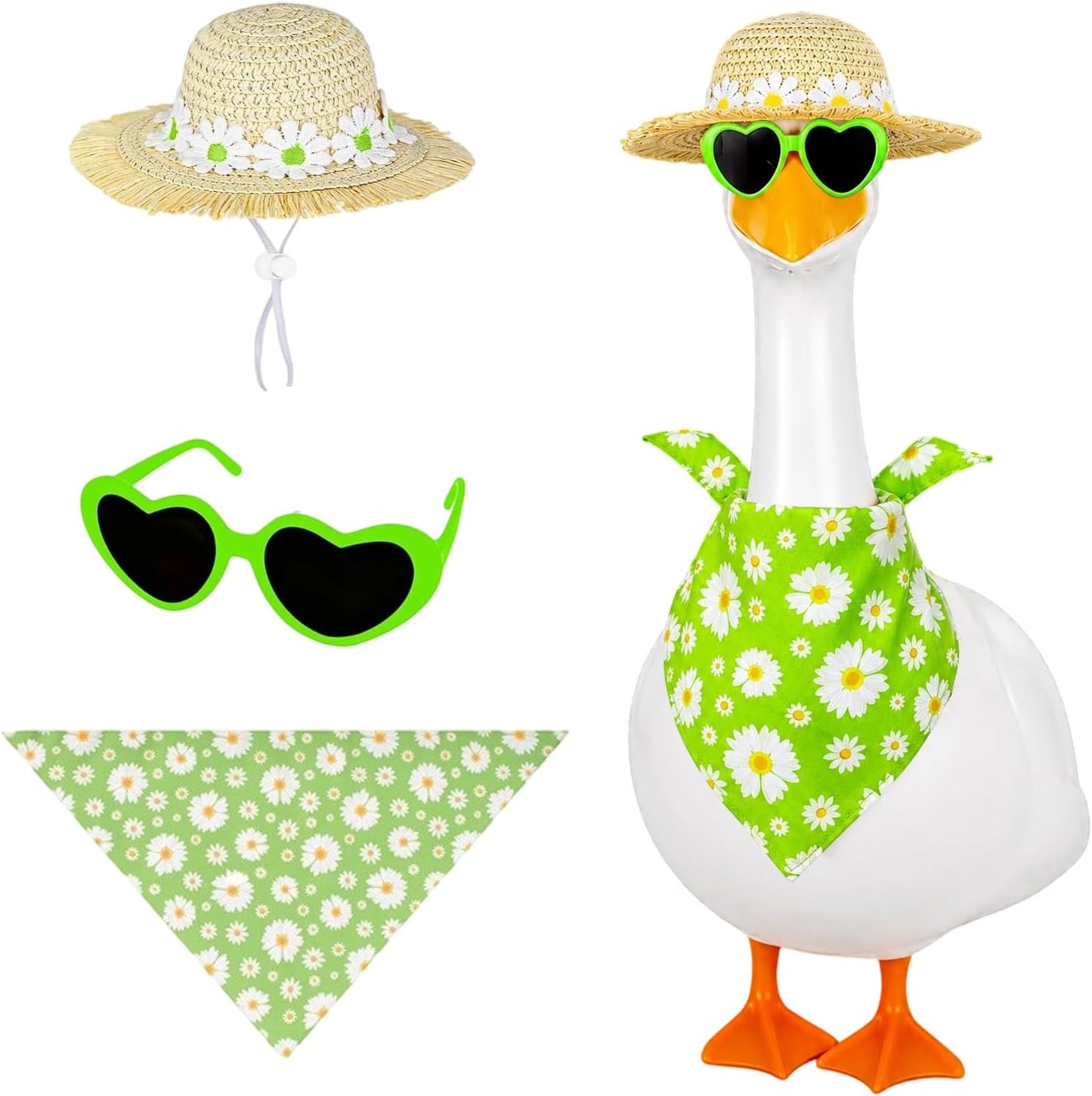 Summer Spring Porch Goose Outfit, 17/23" Garden Patio Lawn Goose Clothes with Straw Hat Glasses & Bandana Bib for Outdoor Garden Yard Decor (Sunflower) - Image 9