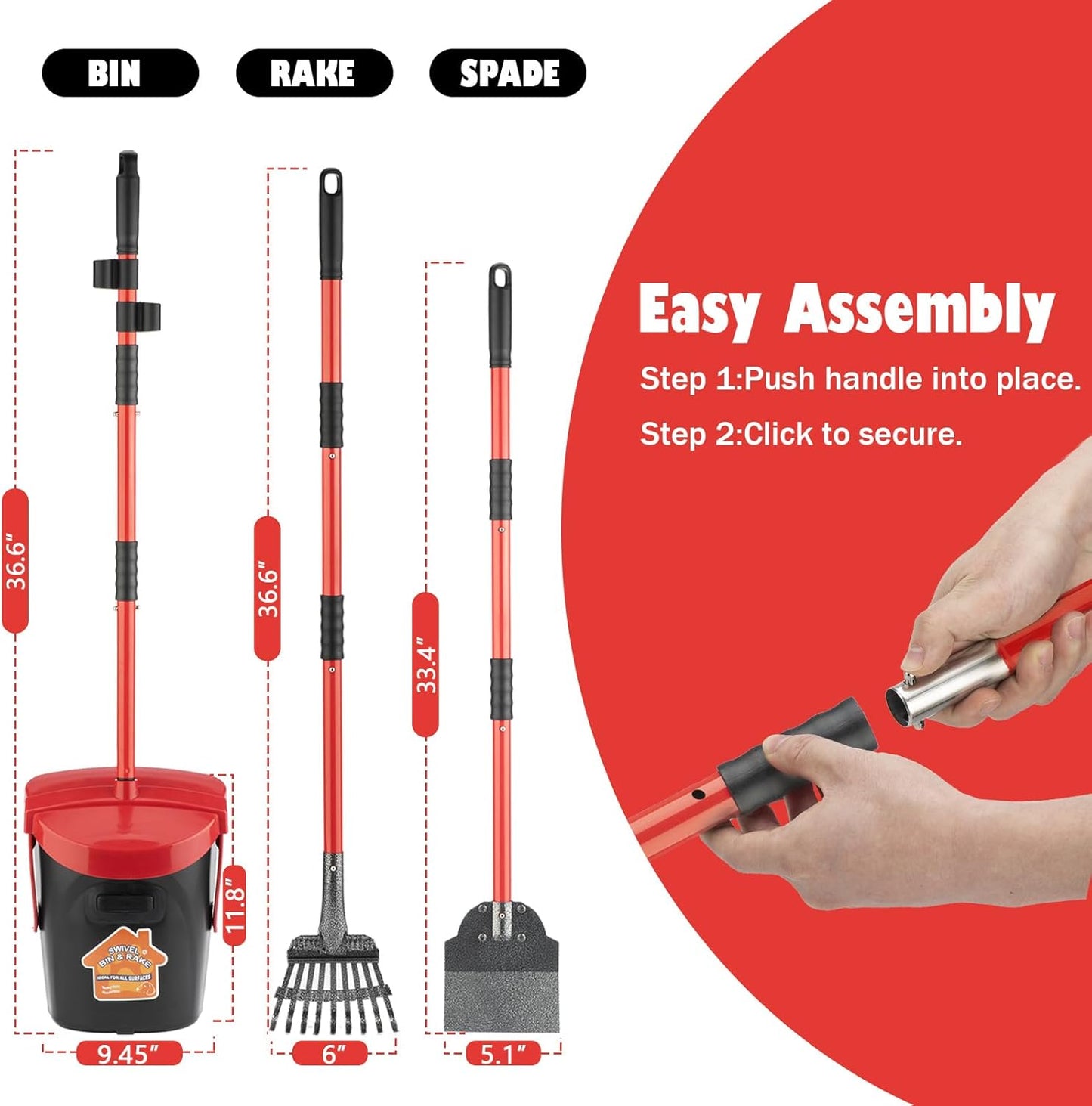 Easy tool free assembly steps for the premium rust resistant dog poop scoop.