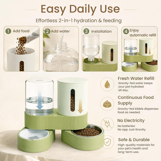 Automatic pet food hopper and waterer set with stainless steel bowl close up