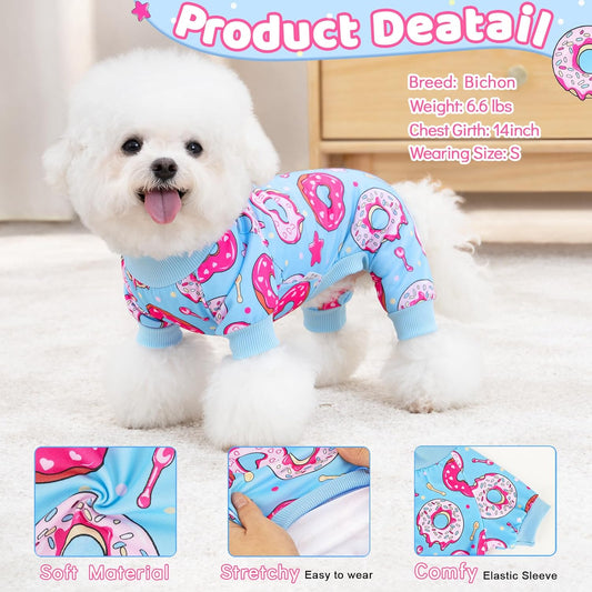 Side angle profile of small puppy wearing authentic imported XPUDAC stretchy onesie clothing.