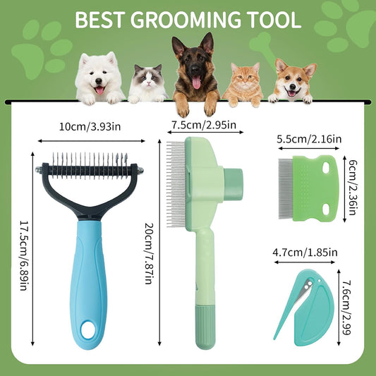 Double-sided stainless steel dematting rake with blue ergonomic non-slip handle for dogs and cats.