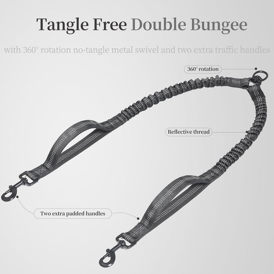 Shock absorbing bungee dog leash extension for two dogs