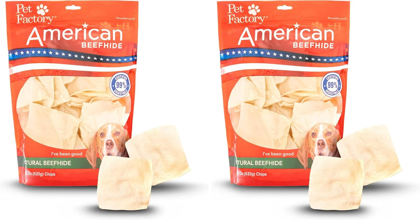 Pet Factory imported USA dog chew chips demonstrating dental health benefits for all dog breeds.