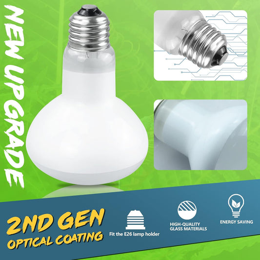Lucky Herp second generation amphibian basking light bulb showing the standard E26 base.