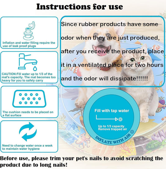 Inflatable pet cooling water mat being filled with water for indoor cat entertainment.