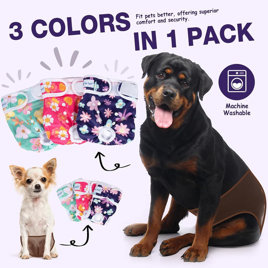 Three pack of Pet Soft reusable female doggy diapers in different floral colors.