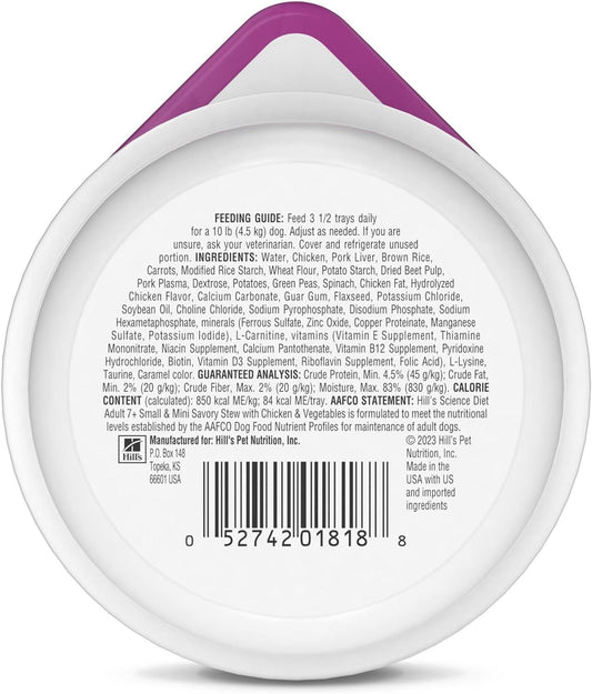 Hill's Science Diet senior small breed savory stew tray containing chicken and vegetables.