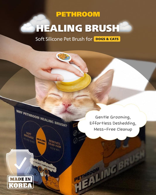 Pethroom grooming tool showing soft yellow silicone bristles