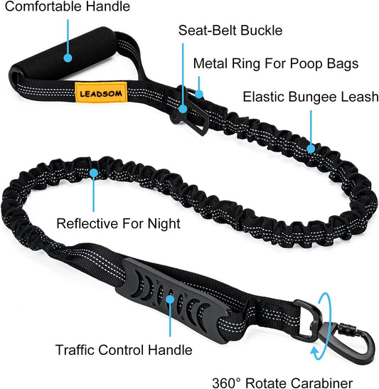 Black heavy duty dog leash with shock absorbing elastic bungee.