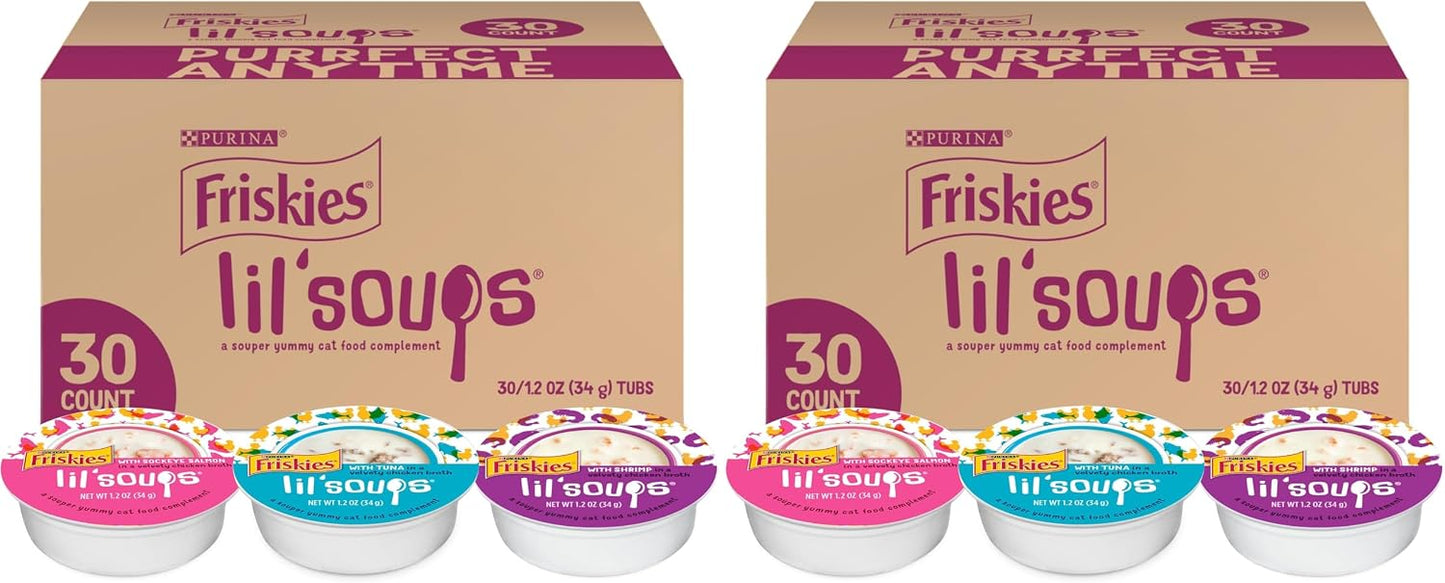 Friskies Purina Grain Free Wet Cat Food Lickable Cat Treats Variety Pack, Lil' Soups With Salmon, Tuna or Shrimp - (Pack of 30) 1.2 oz. Cups - Image 11