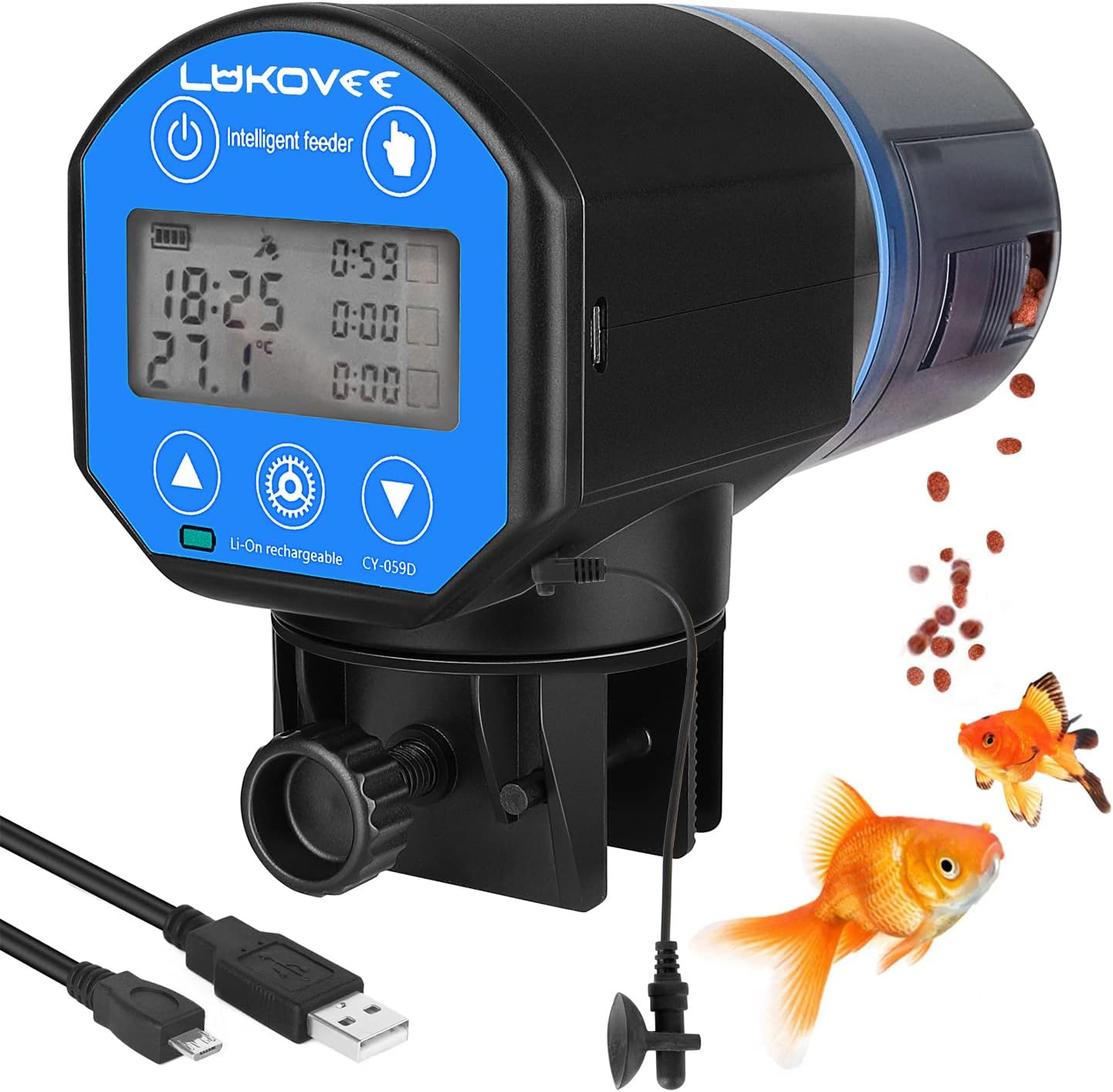 Complete Lukovee aquarium food dispenser kit with USB cable accessories