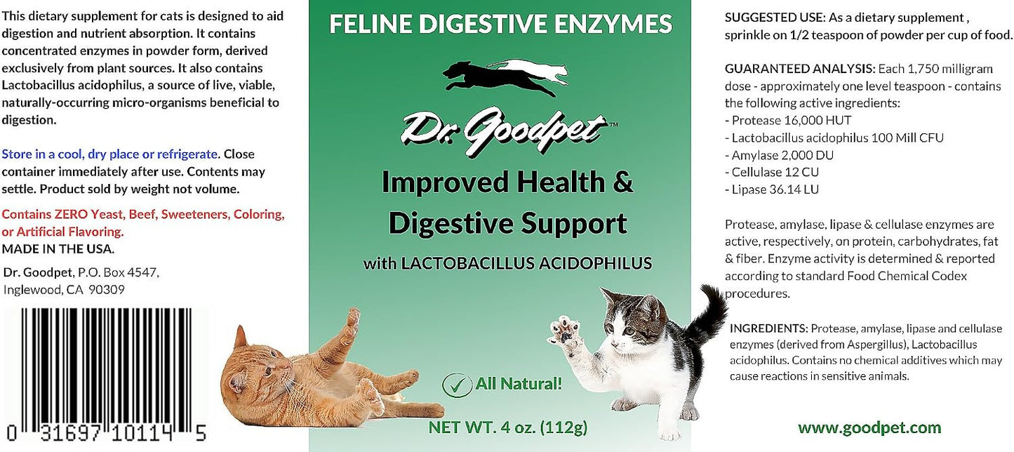 Close up of Dr. Goodpet Feline Digestive Enzymes bottle highlighting probiotic and prebiotic ingredients.