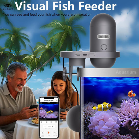 Wolmds smart fish food dispenser displaying the smartphone app control interface.