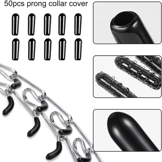 Close up view of vinyl comfort prong collar caps being applied to metal training links.