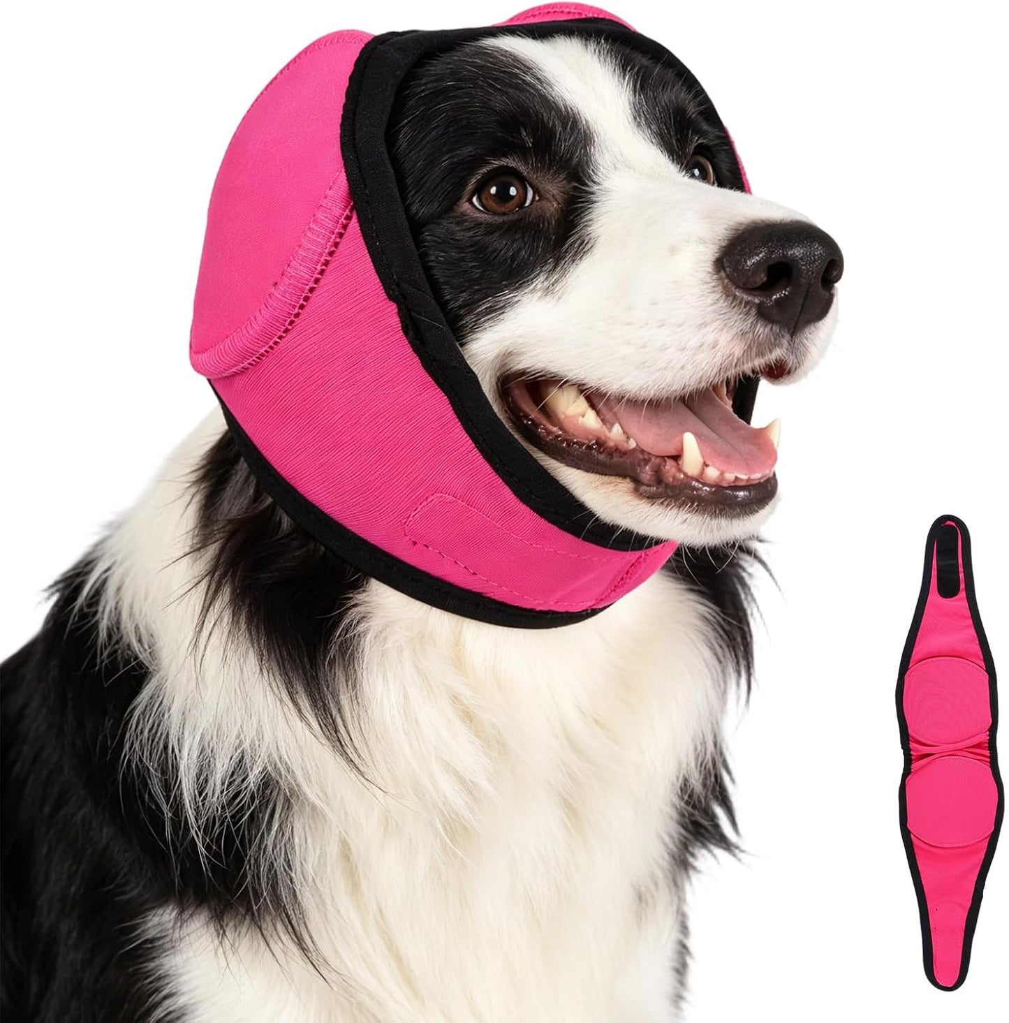 Dog noise protection wrap highlighting the secure comfort fit layout.