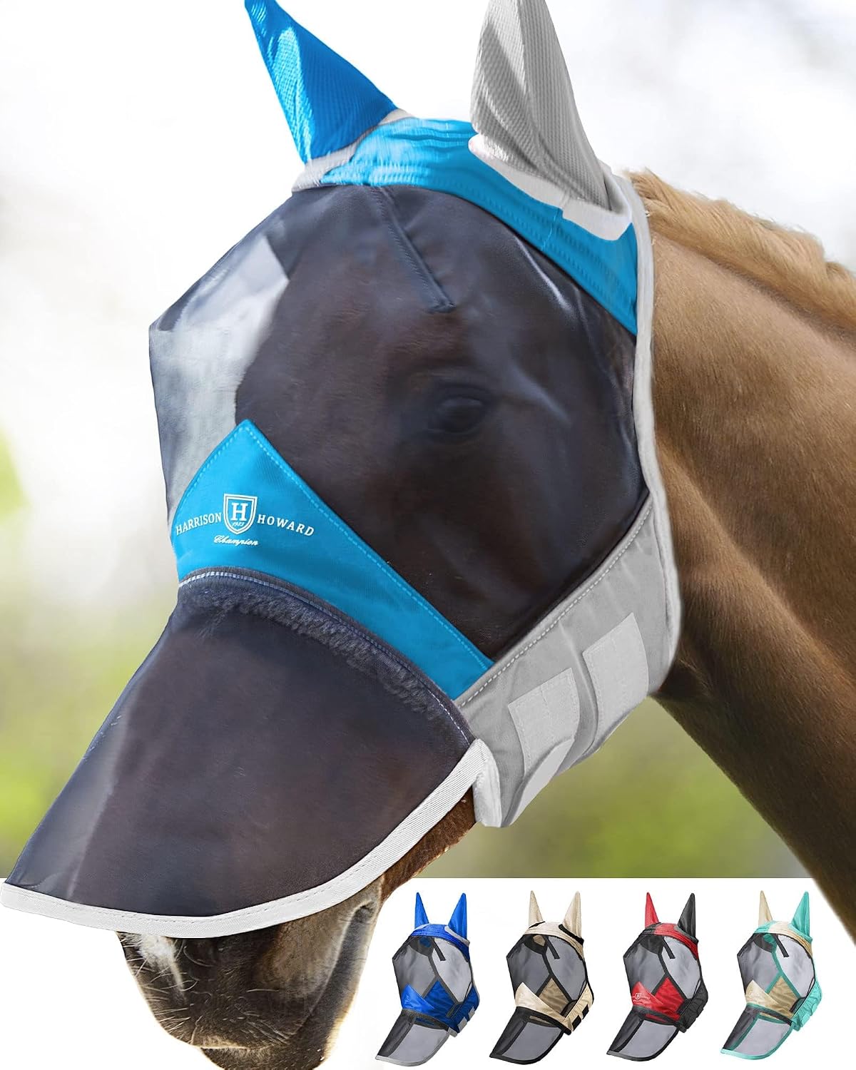 Harrison Howard CareMaster Pro Luminous Horse Fly Mask Large Eye Space Long Nose with Ears UV Protection for Horse Summer Mint Full Size - Image 15