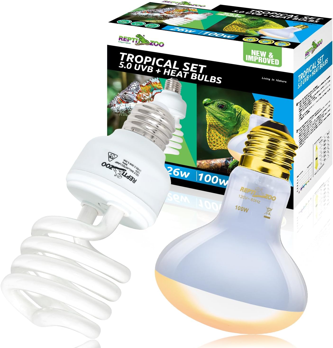 REPTI ZOO Reptile Heat Lamp Bulb and UVB 10.0 Reptile Light Combo Pack, 100W Intense Basking Spot Light UVA Heat Lamp Bulb, 26W Energy Saving UVA UVB Bulb Spiral Compact Bulb - Image 9