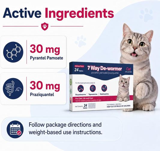Broad spectrum cat dewormer tablets with pyrantel pamoate and praziquantel active ingredients