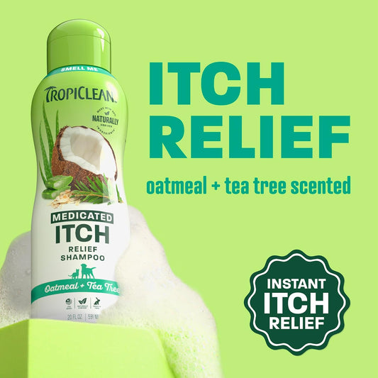 Close up of TropiClean medicated shampoo for dry pet skin