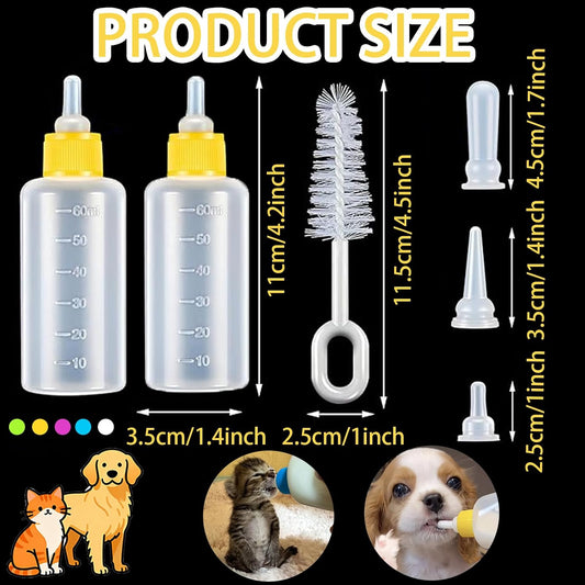 60ml Newborn Pet Feeding Bottle Kit | Puppy Kitten Nursing Bottles with 10 Silicone Nipples, Cleaning Brushes & Nipple Puncher | Anti-Choke Milk Feeder for Small Animals - Image 2