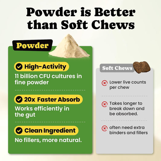 BuddyCheer canine probiotic single-use packets being sprinkled over dry kibble.