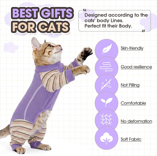Hairless cat wearing purple striped Adnikia onesie
