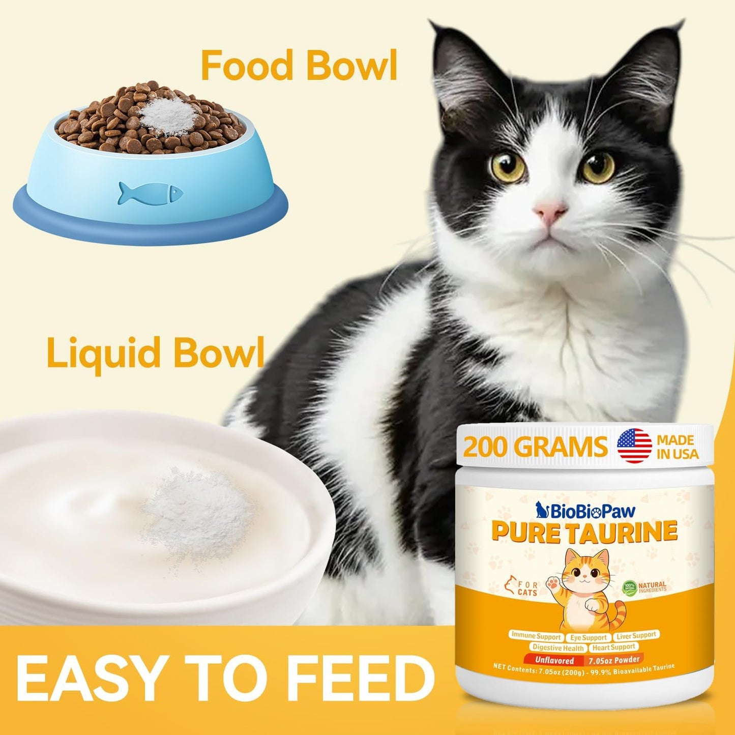 Imported feline amino acid supplement packaging highlighting the manufacturing origin details