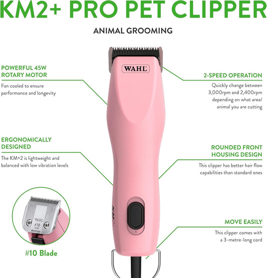 Wahl KM2 Plus pink pet clipper showing the high carbon steel Number 10 blade close up