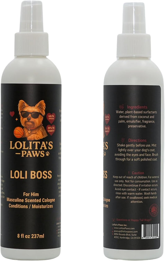 Lolita's Paws premium male dog deodorizing spray bottle graphic