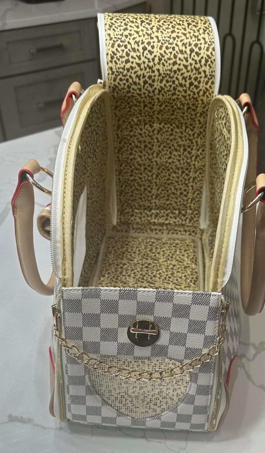 Designer Chewy Dog Carrier Bag showing mesh window and alloy zipper detail