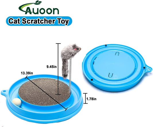 AUOON 3 in 1 gray cat scratching board showing center corrugated pad and plush mouse.