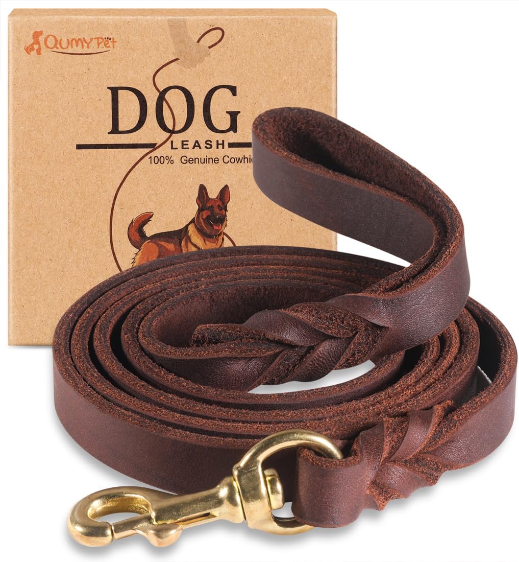 QUMY leather dog leash packaged view highlighting original USA import quality