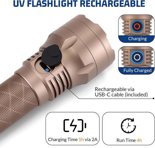Lumenshooter S3U blacklight pointing at a carpet to reveal hidden pet urine stains with high contrast fluorescence.