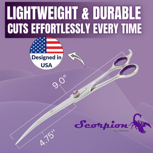 Kenchii Scorpion professional pet grooming shears showing the micro-serrated Japanese alloy steel blades.