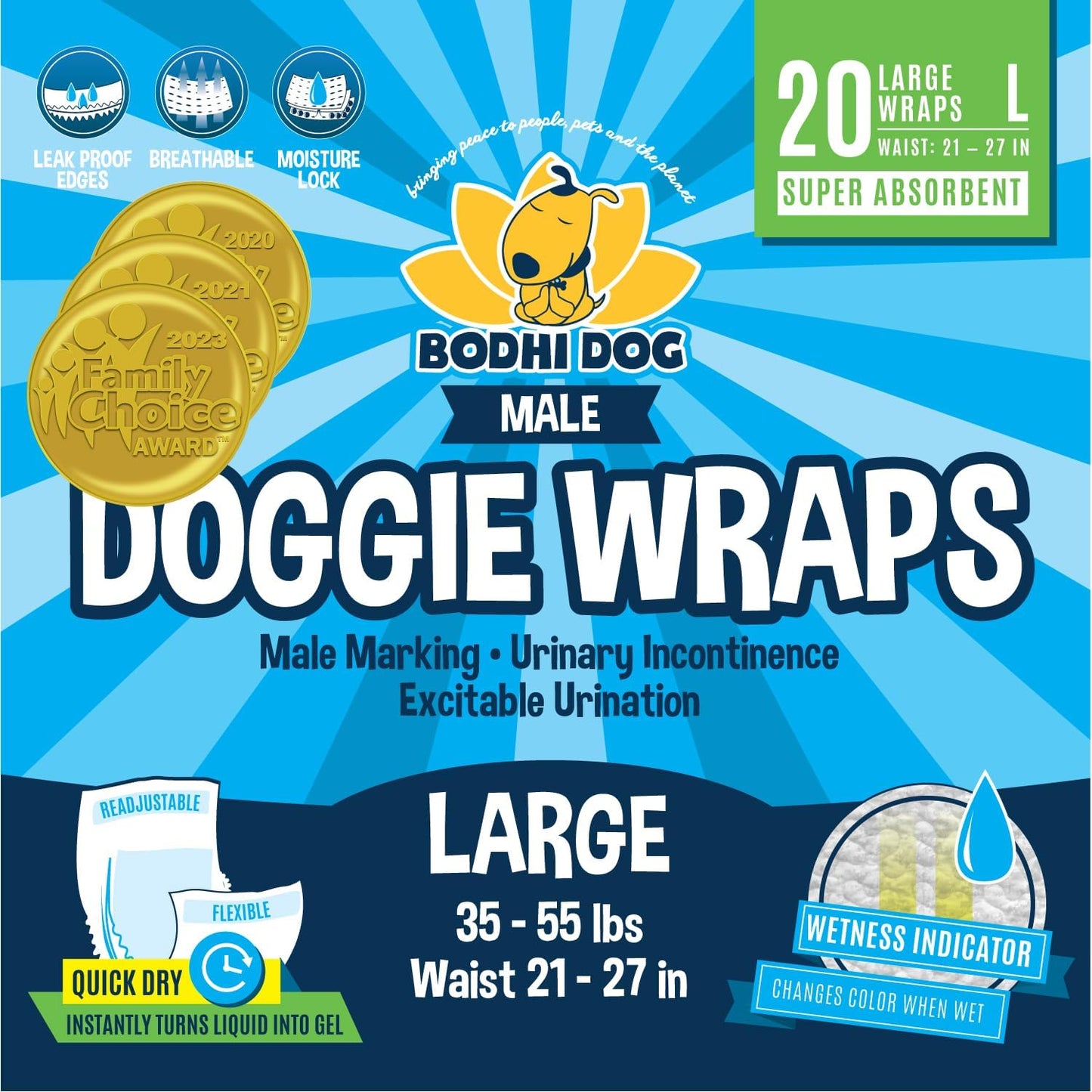 Bodhi Dog Disposable Male Dog Diapers - Super Absorbent, Leak-Proof Pee Wraps - Adjustable Fit, Comfortable Design, Advanced Moisture Control, and Wetness Indicator - Medium (20 Count) - Image 9