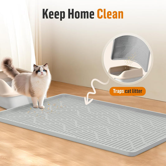 Large waterproof cat litter box mat by Bartuke spread on a wooden floor near a litter tray.