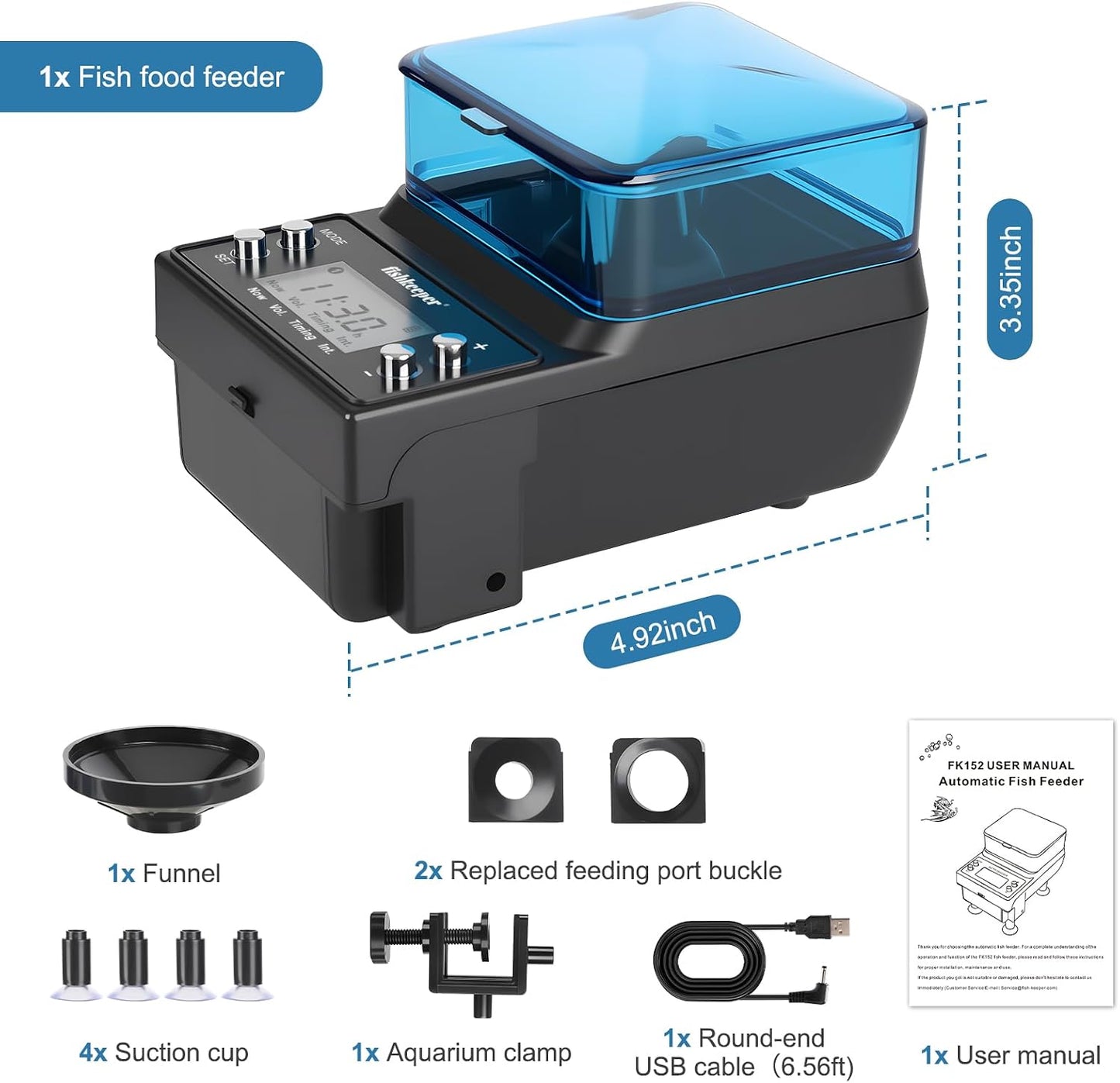 Infographic detailing the 120 days battery life and memory function features of the Fishkeeper automatic feeder.
