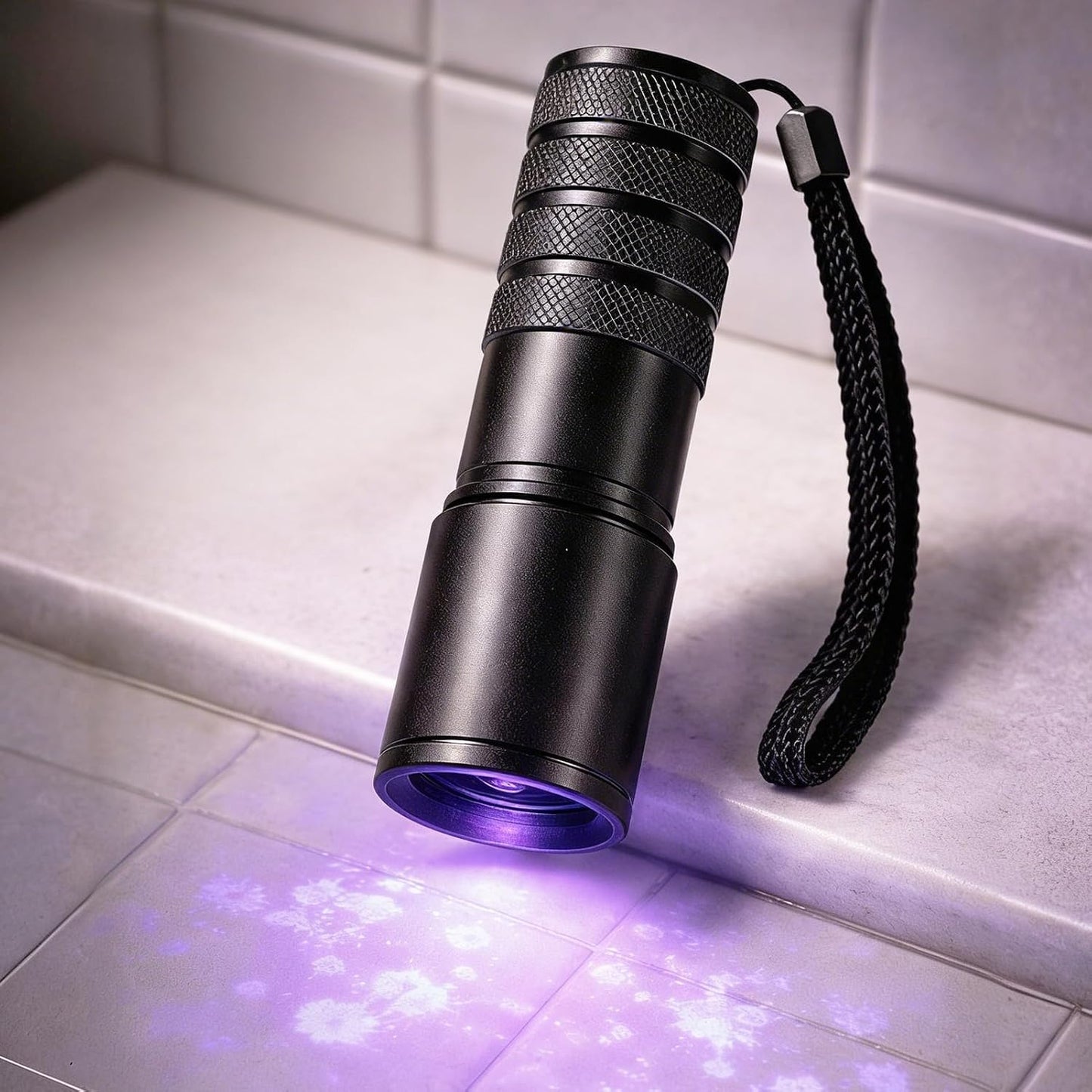 Generic portable blacklight flashlight front view highlighting the twelve light emitting diode bulbs for pet stain detection.